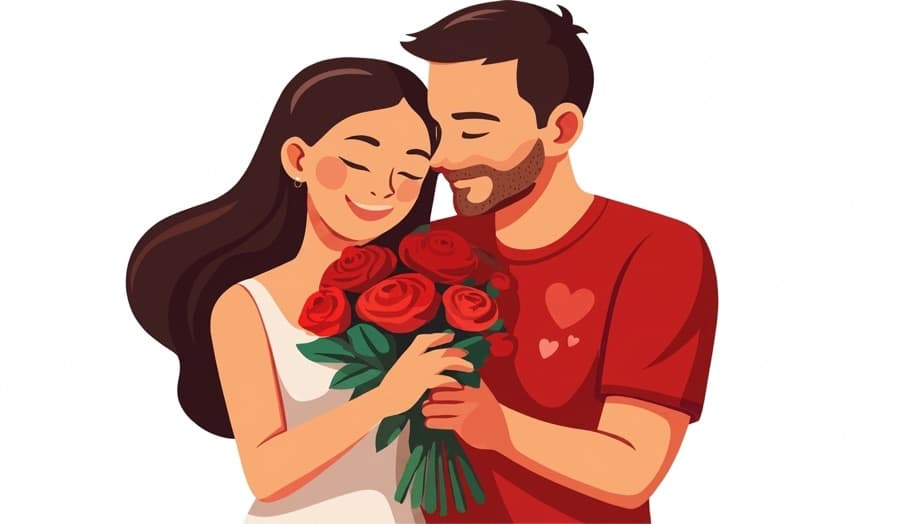 A couple holding a bouquet of red roses